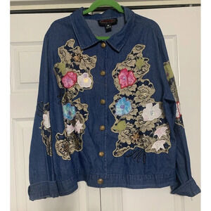 Vintage Entice Embroidered Artsy Wearable Art Floral Boho Denim Light Jacket 2X